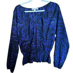 Michael Kors Top Womens Medium Multicolor Print Smocked Waist V Neck Blouse